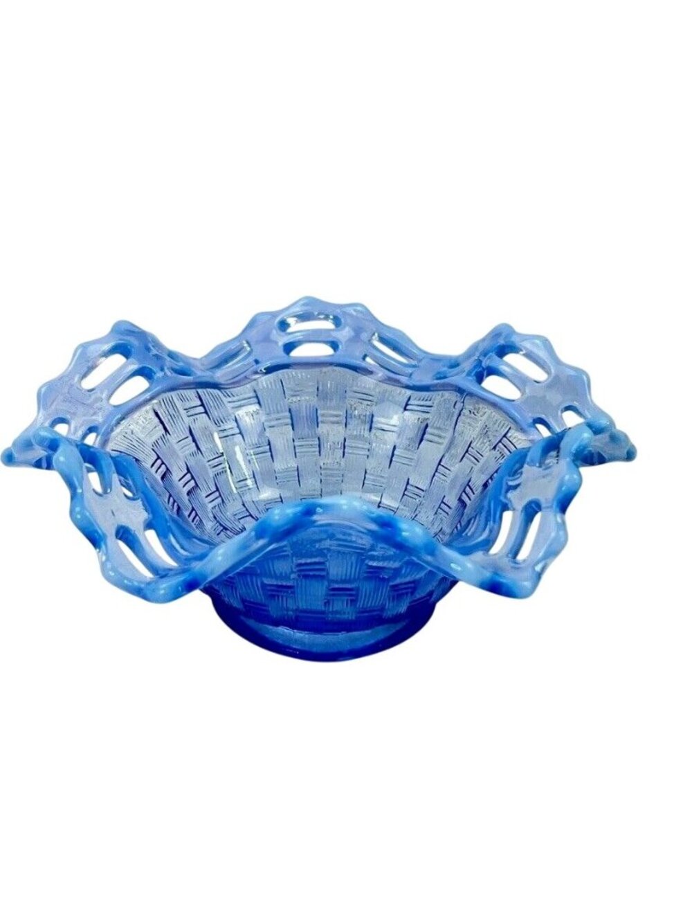 Vintage Fenton Candy Bon Bon Dish Bowl Opalescent Blue Weaved Ruffled Edge